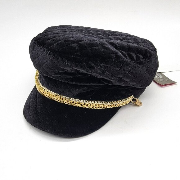 Vince Camuto Black Quilted Velvet Baker Boy Hat W/ Gold Chain Accent NWT - Picture 1 of 14